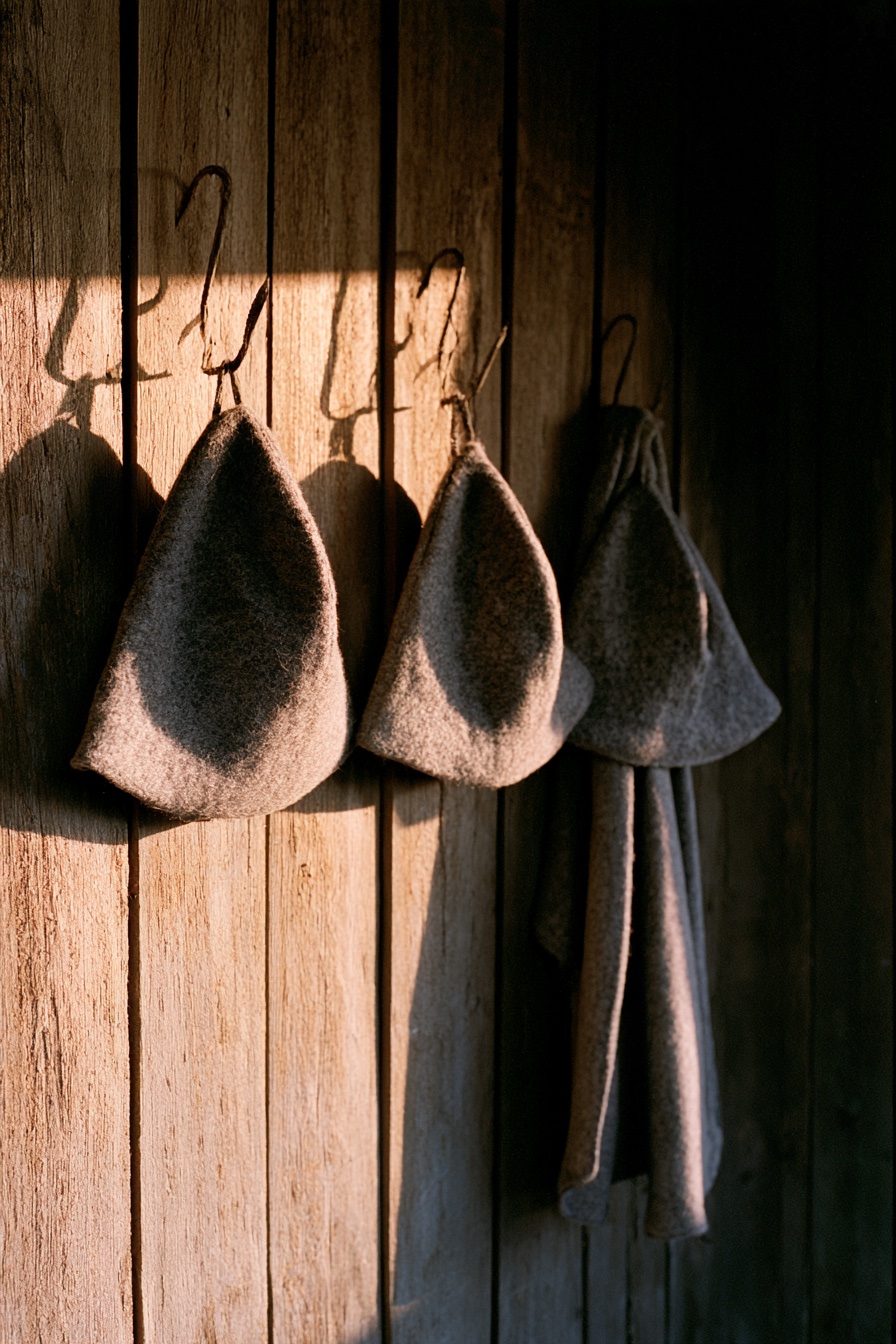 Wool felt sauna hats hanging on hooks against a timber wall