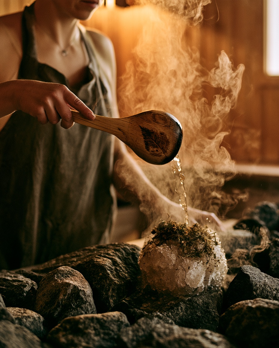 Infused water poured from a carved wooden ladle over a herb-crusted ball of crushed ice on hot sauna stones, steam rising